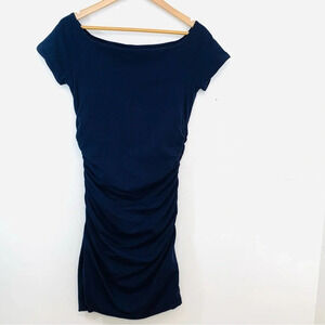 Boden Off Shoulder Ruched Dress 8 Petite   Navy Blue Stretch Bodycon Above Knee‎